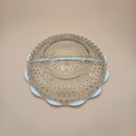 Vintage Fenton Moonstone Clear Opalescent Ruffled Edge Hobnail Divided Dish - Picture 2 of 4